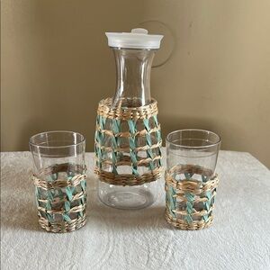 Carafe and Tumbler Set with Woven Natural and Light Blue Sleeves